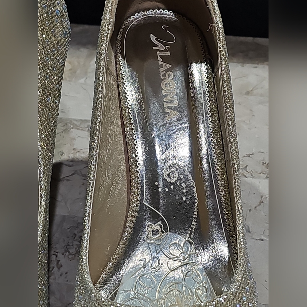 LaSonia Golden Glitter Formal Wedding‎ High Platform Stilettos Shoes Heels Sz 9 - Picture 5 of 11